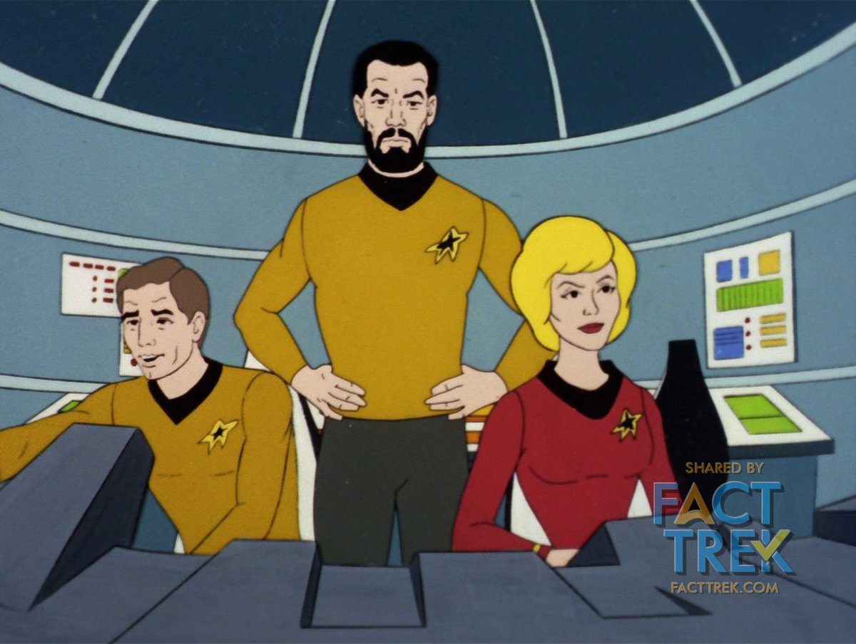  #StarTrek   Animated obeyed Justman’s dictum re insignia because when we see non-Enterprise Starfleet personnel, none are “starship” crew, ergo none wear the Flying A. Neither the crew of the freighter Huron nor a woman in a white Starfleet-type outfit seen in the realm of Elysia.