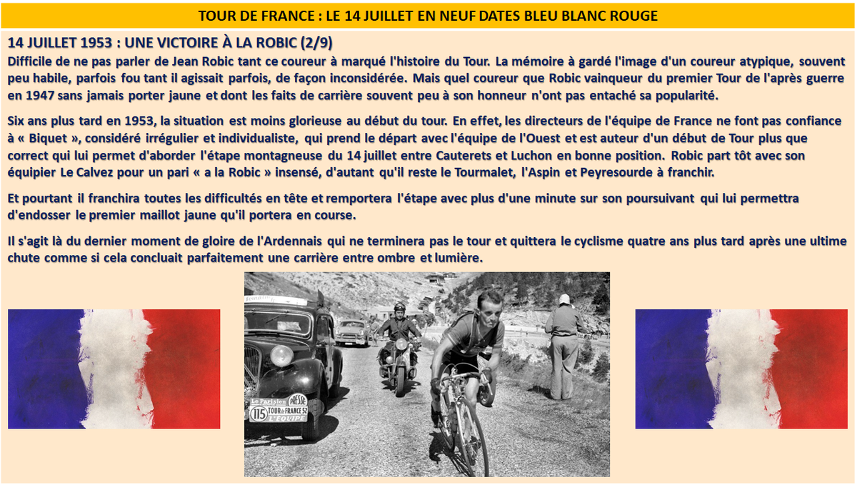 Deux premières dates sur neuf que j'ai décidé d'aborder. Certainement des oublis, mais c'est fait avec coeur et plaisir 14/07/1923 : La gloire de Pélissier14/07/1953 : Une victoire à la Robic @Miroir2Cyclisme  @JoeShiherlis  @Sylvainft  @davidguenel  @LeTour  #TDF2020