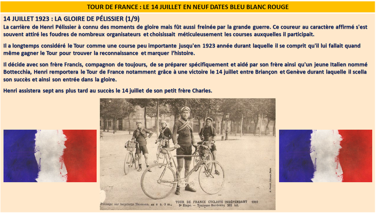 Deux premières dates sur neuf que j'ai décidé d'aborder. Certainement des oublis, mais c'est fait avec coeur et plaisir 14/07/1923 : La gloire de Pélissier14/07/1953 : Une victoire à la Robic @Miroir2Cyclisme  @JoeShiherlis  @Sylvainft  @davidguenel  @LeTour  #TDF2020
