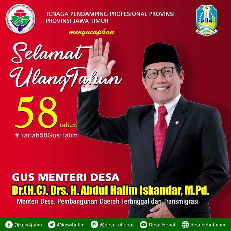 Dimashabi2's tweet photo. Atas nm pribadi &amp; kel bsar Pendamping Desa #TPPIBangkalan mngucapkn slmat #Harlah58GusHalim utk Gus  Menteri @halimiskandarnu Dr.(HC) H.A.Halim Iskandar, smg pnjang umur &amp; berkah fiddaroin
@jokowi 
@anwsanusi 
@taufikmadjid71 
@tppkemendes
@DewantoAndry 
@kpw4jatim
@Inunkbellis https://t.co/fJS854ZzV0