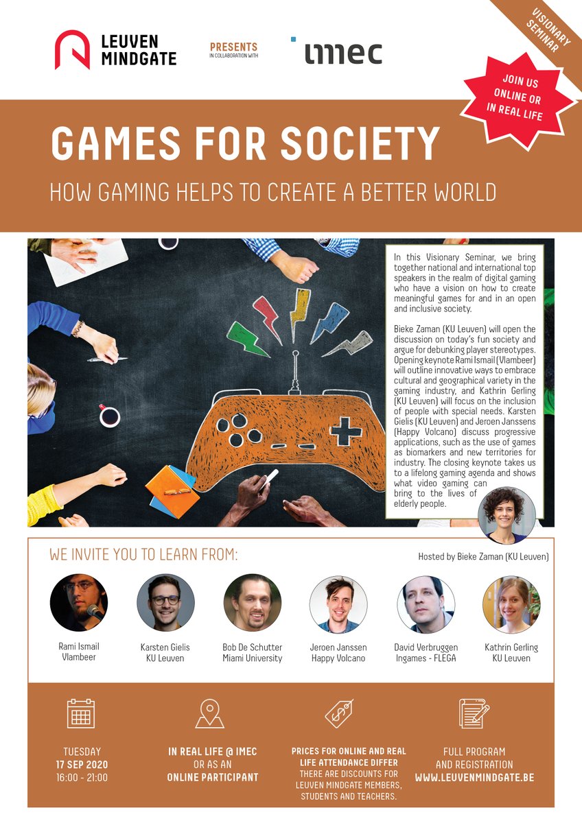 It's been a while since we organized a Visionary Seminar, but on September, 17 we kick off again (online, as well as 'live') with 'Games for Society - How Gaming Helps to Create a Better World'! 🎮

Have you seen our speakers? 😍

All info > leuvenmindgate.be/activities/gam…