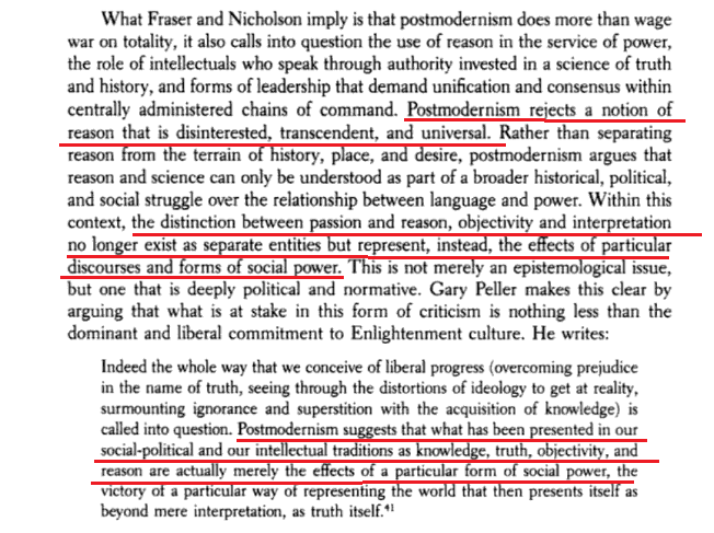 10/ Eventually Giroux makes his big move and brings postmodernism into the mix. Postmodernism said science and reason weren't objectively true, and the idea that science gives us knowledge is a thinly veiled power move meant to give power to white, western ways of thinking.