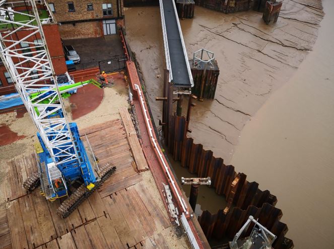 View of the piling gate and on-going works from the top of the cranes, at Victoria Pier in Hull, with BAM Nuttall.