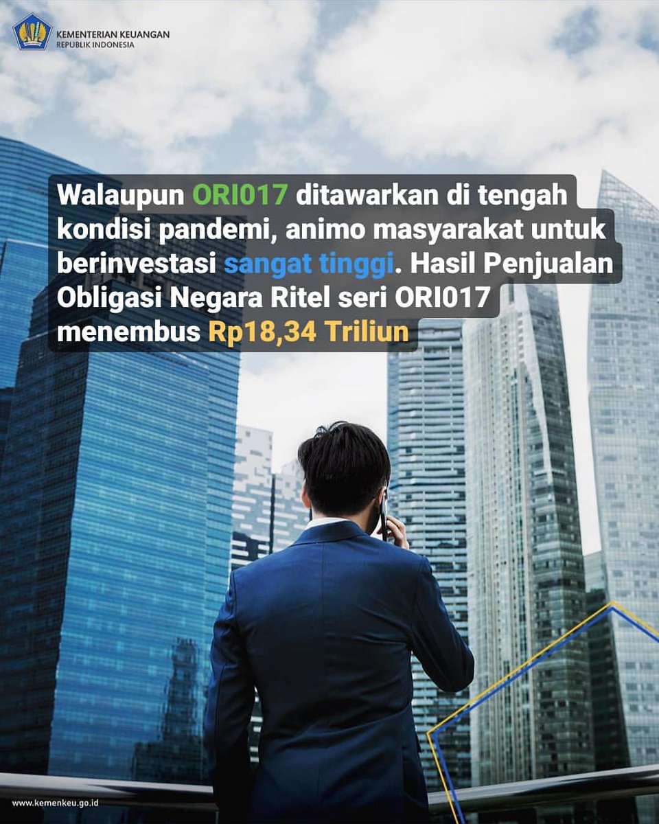 yossygirsang's tweet photo. ORI017 memecahkan rekor penerbitan Surat Berharga Negara (SBN) Ritel tertinggi sejak dijual secara online di tahun 2018. Tingginya animo masyarakat tersebut bahkan mencapai Rp 18,34 Triliun, padahal di tengah masa pandemi Covid-19
#ori017
#obligasi #kemenkeu #investasi #investor https://t.co/kAREdhxmyF