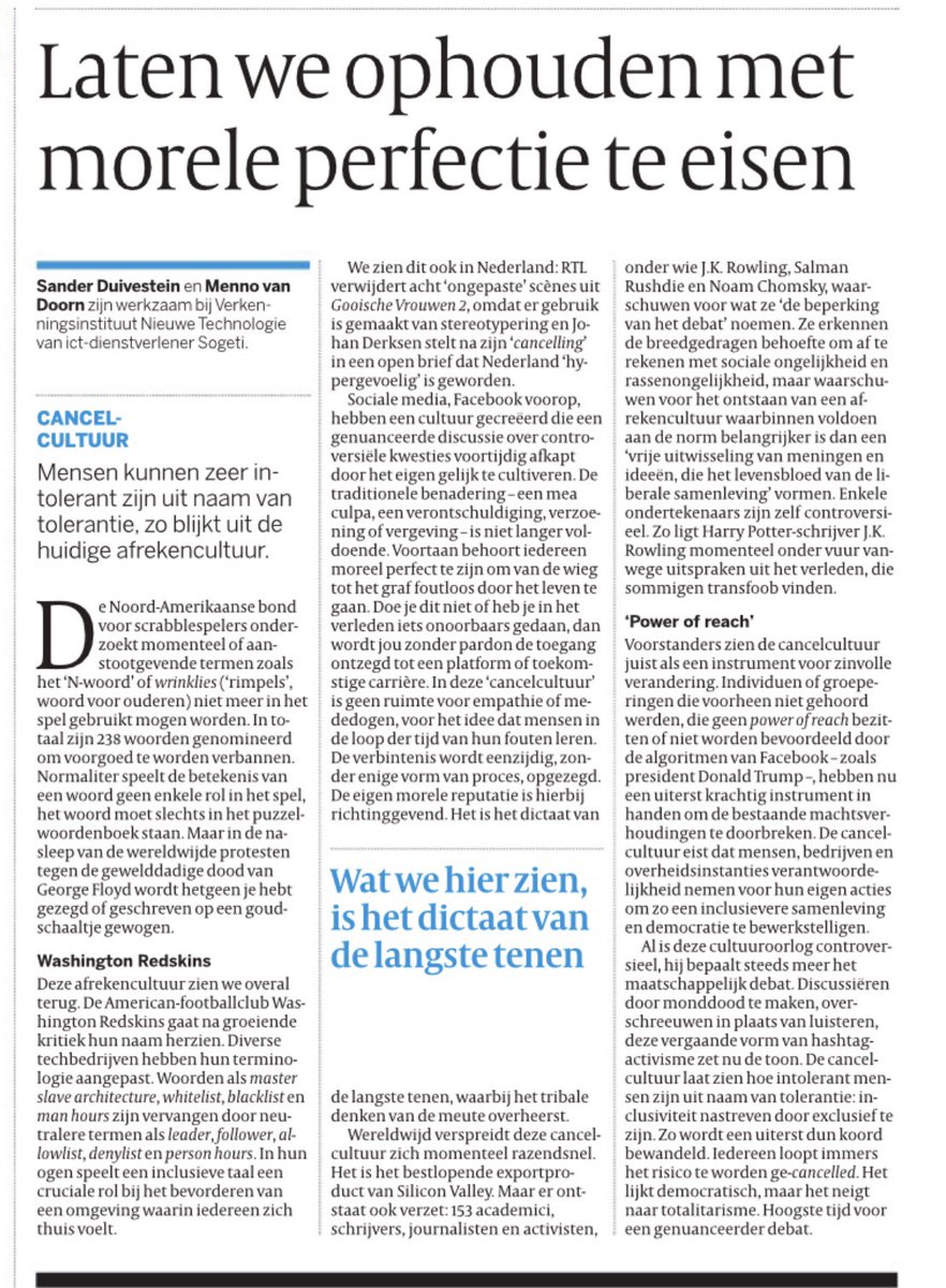 Vandaag sta ik samen met @mennovandoorn met een opinieartikel over de cancel cultuur in de Volkskrant. Het volledige artikel kun je hier lezen: volkskrant.nl/columns-opinie…
