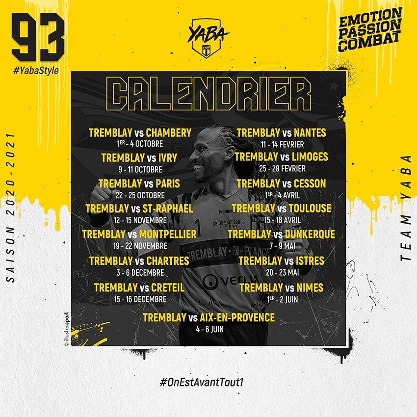TremblayHB's tweet photo. #CALENDRIER🤾‍♂️

📅 Tous les matchs de @TremblayHB pour cette nouvelle saison en @LidlStarligue en un coup d'oeil 👀 

#VivementLaReprise 🤾‍♂️ #WorkHardPlayHard #YabaStyle #YabaFamily💛🖤 #OnEstAvantout1 https://t.co/rwkm80w50e