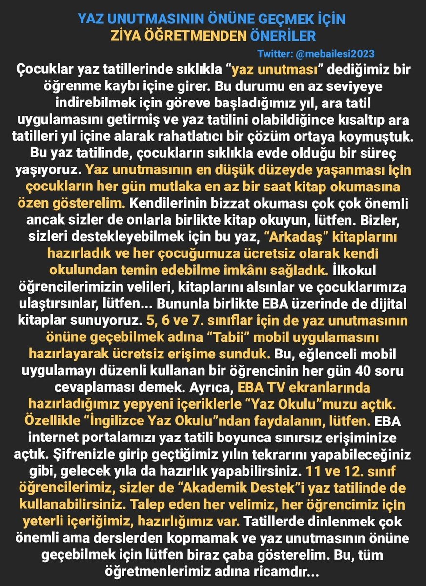 hakan__yasar's tweet photo. Yaz unutmasının önüne geçmek için @ziyaselcuk öğretmenden öneriler https://t.co/SUsmzyA2EC