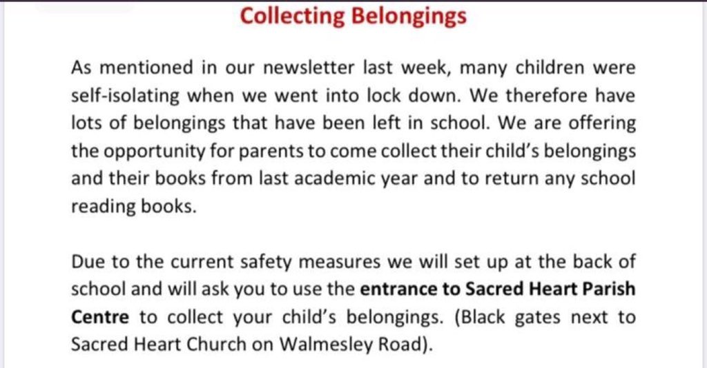 Don't forget you can come and collect your belongings at 11.30am today (books, PE kits) from the back of school via the Walmsley Road entrance. Please can you return any school reading books you might still have as well. Thank you, Miss Holden
