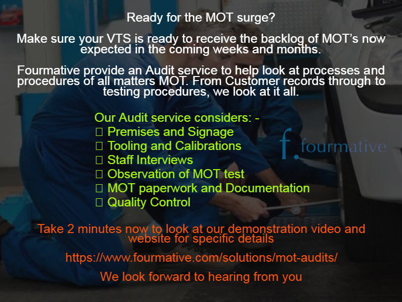FourmativeL's tweet photo. Ready for the MOT surge?
Make sure your VTS is ready to receive the backlog of MOT’s now expected
Fourmative provide an Audit service to help look at processes & procedures of all matters MOT. Take a minute to look at our video & website for details
#Fourmative #MOTAudit https://t.co/Haubdm70qA