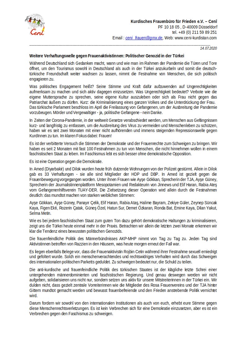 ceni_v's tweet photo. In Zeiten der Corona-Pandemie, in der weltweit Menschen aus Gefängnissen entlassen werden, um die Ausbreitung des Virus zu vermeiden &amp; Menschenleben zu schützen, haben wir es seit 2 Monaten mit einer nicht aufhörenden Repressionswelle gegen KurdInnen zu tun. Im Fokus dabei:Frauen https://t.co/NE1hsQP8eU