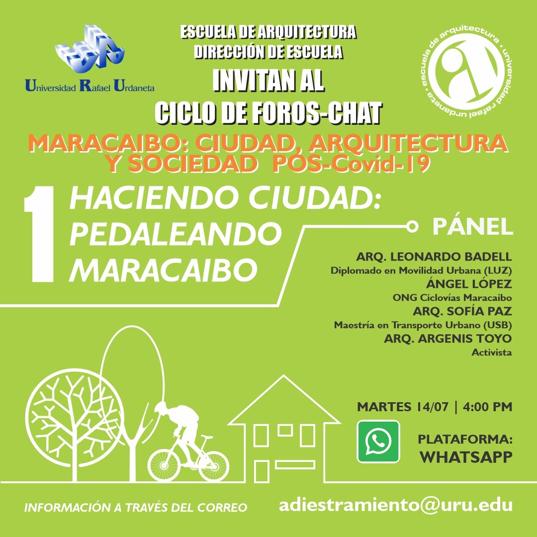 Hoy a las 4pm habrá un Foro Chat organizado por <a href="/arquitecturauru/">ARQUITECTURA URU</a> y junto a <a href="/angellr21/">Ángel López 🚲</a> <a href="/SOFIACRIST/">Sofía</a> <a href="/LeonardoBadell/">Leonardo Badell</a> les conversemos de "Haciendo ciudad: Pedaleando Maracaibo". Si quieres unirte envía un correo a adiestramiento@uru.edu