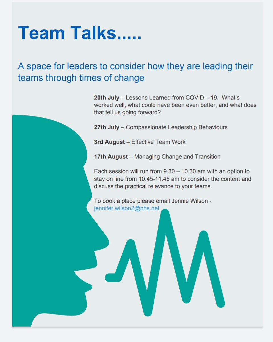 LauraCLPFT's tweet photo. LPFT Leaders.. Come and join us for the launch of our 'Team Talks' Programme on Mon 20th July, where we will explore current leadership  thinking and discuss relevance to practice in areas such as: Learning Lessons from COVID, Compassionate Leadership Behaviours, Teaming &amp; Change https://t.co/2Y4hhyvUPF