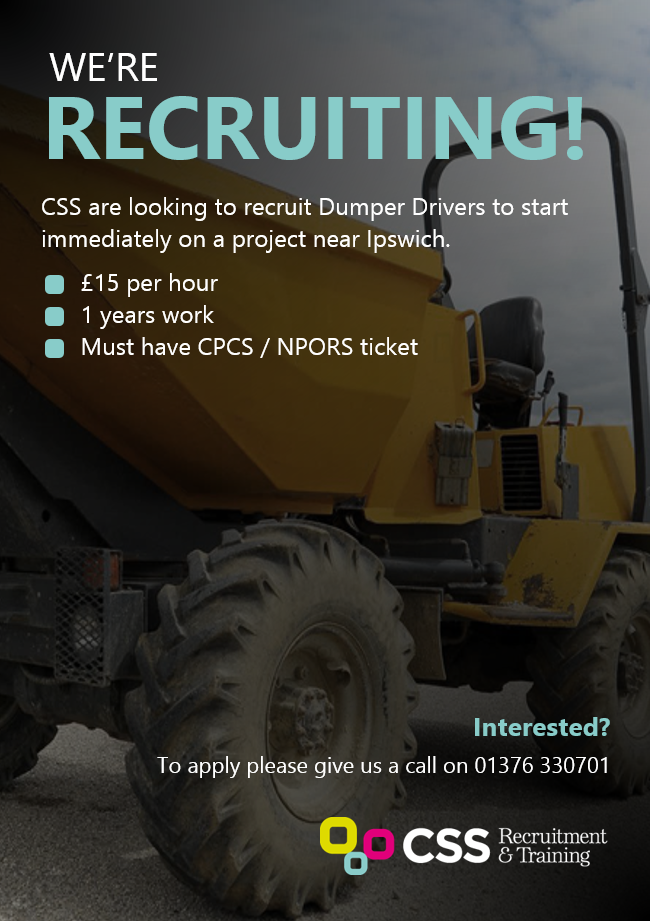 CssRecruitment1's tweet photo. WE'RE #RECRUITING❗
CSS are looking to #recruit #DumperDrivers to start work on a project near #Ipswich 👇
📞 To apply please give us a call on 01376 330701!
#Jobs #JobSearch #Lookingforwork https://t.co/iq2Mr8PoRN