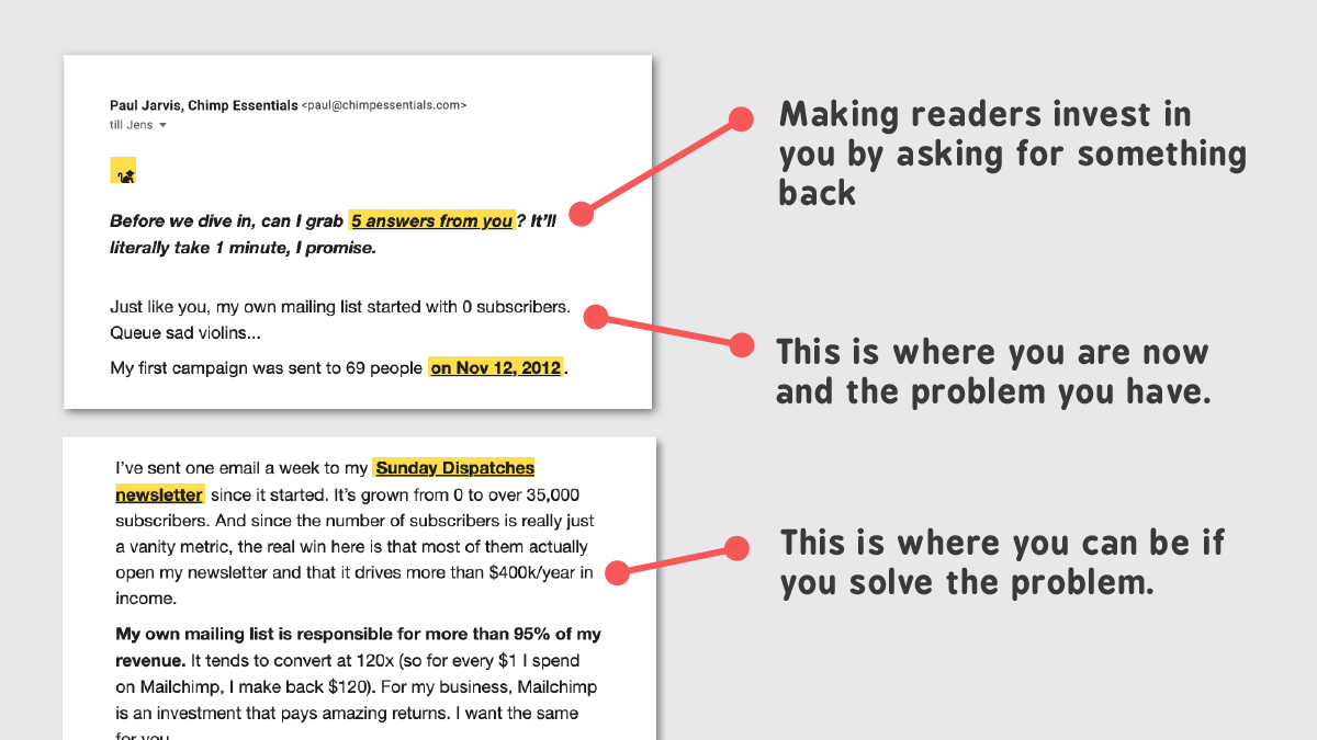  Email #2: "Zero to 35,000 subscribers."Paul explains how he too started at zero.A few years later, he is pulling in 400k/year thanks to his mailing list.Painting a picture of your life before vs. after you solve the problem is an efficient way to build interest.