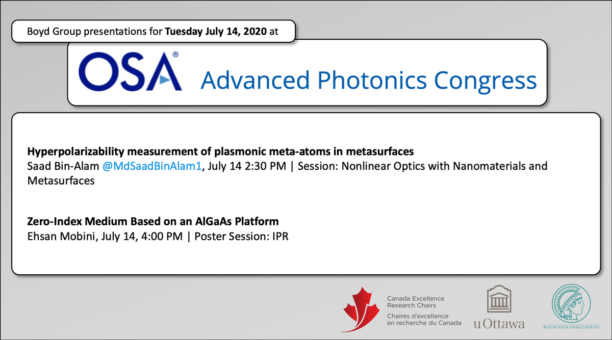 More #photonics talks by Boyd Group members at #OSAPhotonics20 today! 

Register free here:
cvent.com/d/tnq3z5/4W

You can find @MdSaadBinAlam1's paper on his talk on arXiv:
arxiv.org/abs/2007.05142