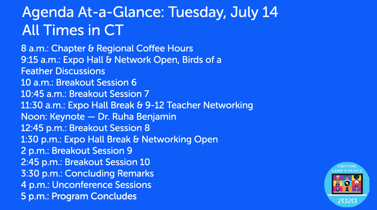 csteachersorg's tweet photo. Welcome back for day 2 of #CSTA2020! Here's today's schedule at-a-glance. You can view the full agenda at any time at: https://t.co/Z0hhSQm5l0 https://t.co/TCSHclvwFj