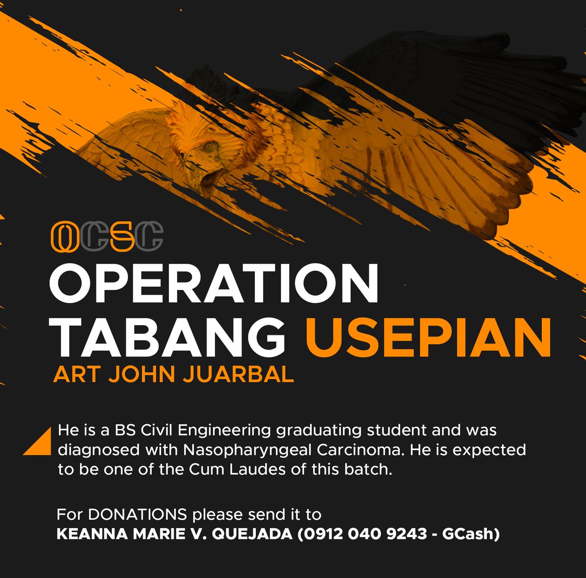 usep_ocsc's tweet photo. REPOSTED:

OPERATION TABANG USEPIAN 

USePians let us show our solidarity with one another. 

Mr. Art John Juarbal, a BS Civil Engineering graduating student was diagnosed with Nasopharyngeal Carcinoma. He is expected to be one of the Cum Laudes of this batch.

(1/2) https://t.co/IifQixONrI
