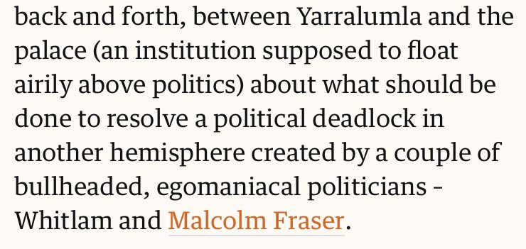 bothsidesing lawfully elected ALP prime minister Gough Whitlam and....Yarralumla, ie the Governor General and the palace, ie the Crown plus the Liberal Party leader, ie Malcolm Fraser.Classic press gallery  #balance there.