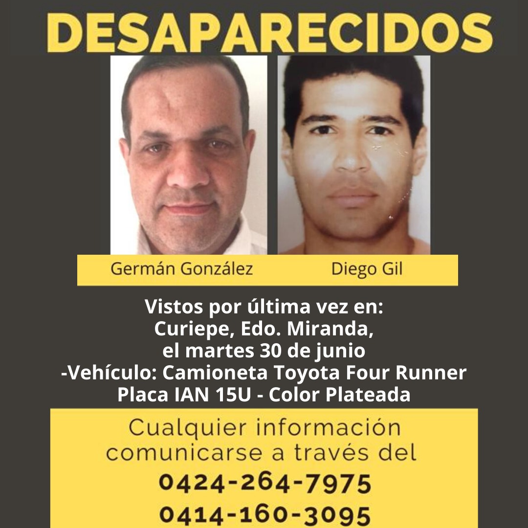 GermanGMonagas's tweet photo. Ya son 15 días desde que mi papá y su compañero de trabajo desaparecieron.

Han sido 15 días de mucha angustia y de incertidumbre pero también de esperanza de que muy pronto los encontraremos.

#queaparezcandiegoygerman https://t.co/qxcwJYadeo