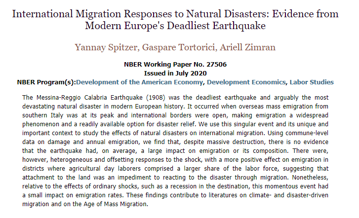 NBER (@nberpubs) on Twitter photo Despite open borders and widespread prior migration, Hthe 1908 Messina earthquake, the deadliest in modern European history, had no effect on international migration, from <a href="/YannayASpitzer/">Yannay Spitzer</a>, <a href="/GasTortorici/">Gaspare Tortorici</a>, and @ariellzimran
nber.org/papers/w27506 Despite open borders and widespread prior migration, Hthe 1908 Messina earthquake, the deadliest in modern European history, had no effect on international migration, from <a href="/YannayASpitzer/">Yannay Spitzer</a>, <a href="/GasTortorici/">Gaspare Tortorici</a>, and @ariellzimran
nber.org/papers/w27506