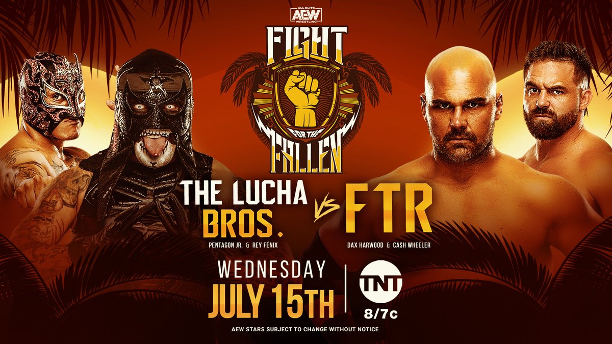 For the FIRST TIME EVER! Some are predicting that this match will be in their #AEWTop5. It's FTR vs. The Lucha Bros in tag team action at Fight for the Fallen! Watch Fight for the Fallen TOMORROW at 8e7c on @TNTDrama. #AEWDynamite