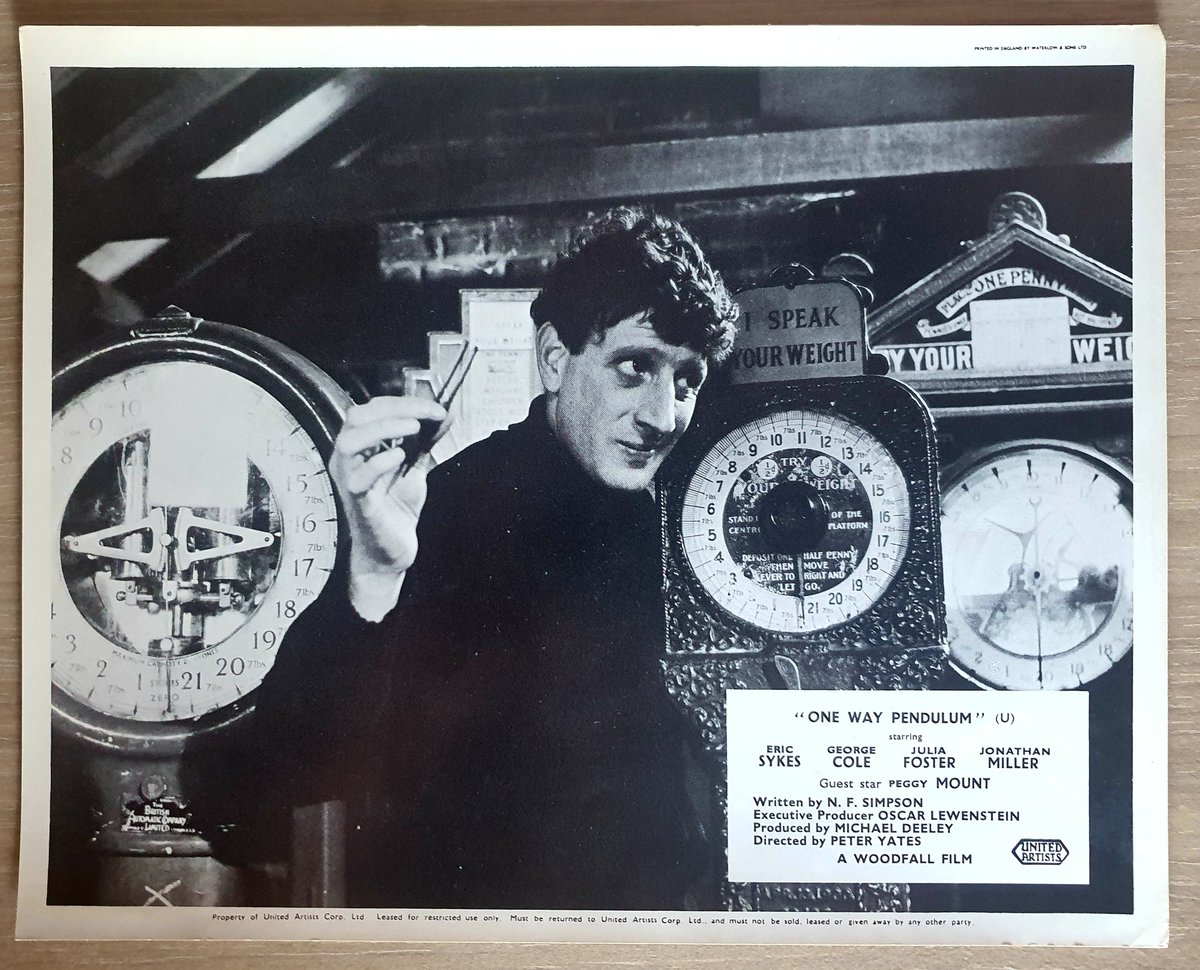 JohnAPHewer's tweet photo. Sharing some lobby cards of the lesser known curio #OneWayPendulum. From the mind of #NFSimpson. So surreal. Unforgettable film. One for @networktweets perhaps?? #JohnComedyPosters https://t.co/cb31ZYJGzn