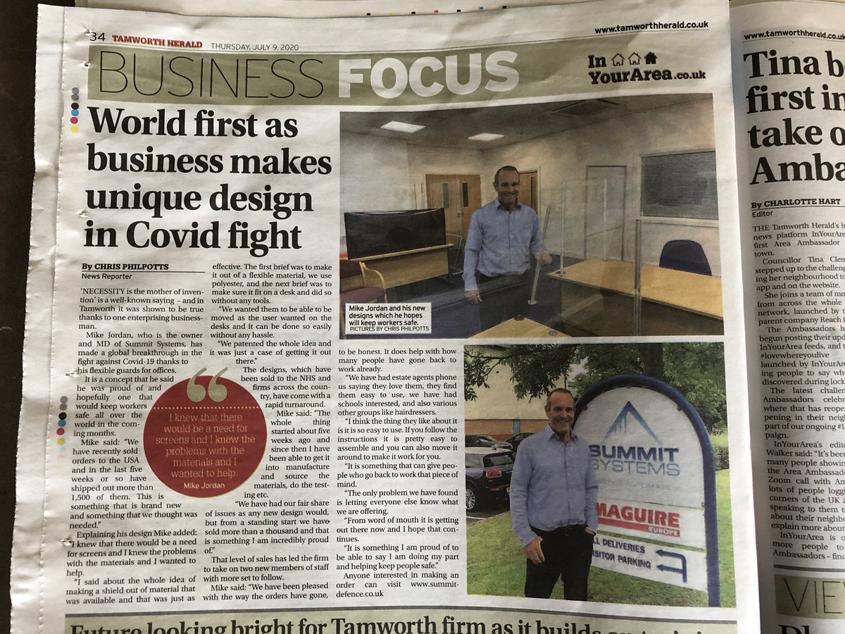 SummitSystems's tweet photo. Great article on Summit Defence helping people #getbacktowork by the Tamworth Herald! Grab your copy in the local shops.

#coviddefence #worldsfirst #flexiblescreen #covidscreen #germprotection #germdefence #SocialDistancing 
@PlastikMedia_UK @TheBPF @BritishPlastics @mikejordan7 https://t.co/ZO4xfXY5Oj