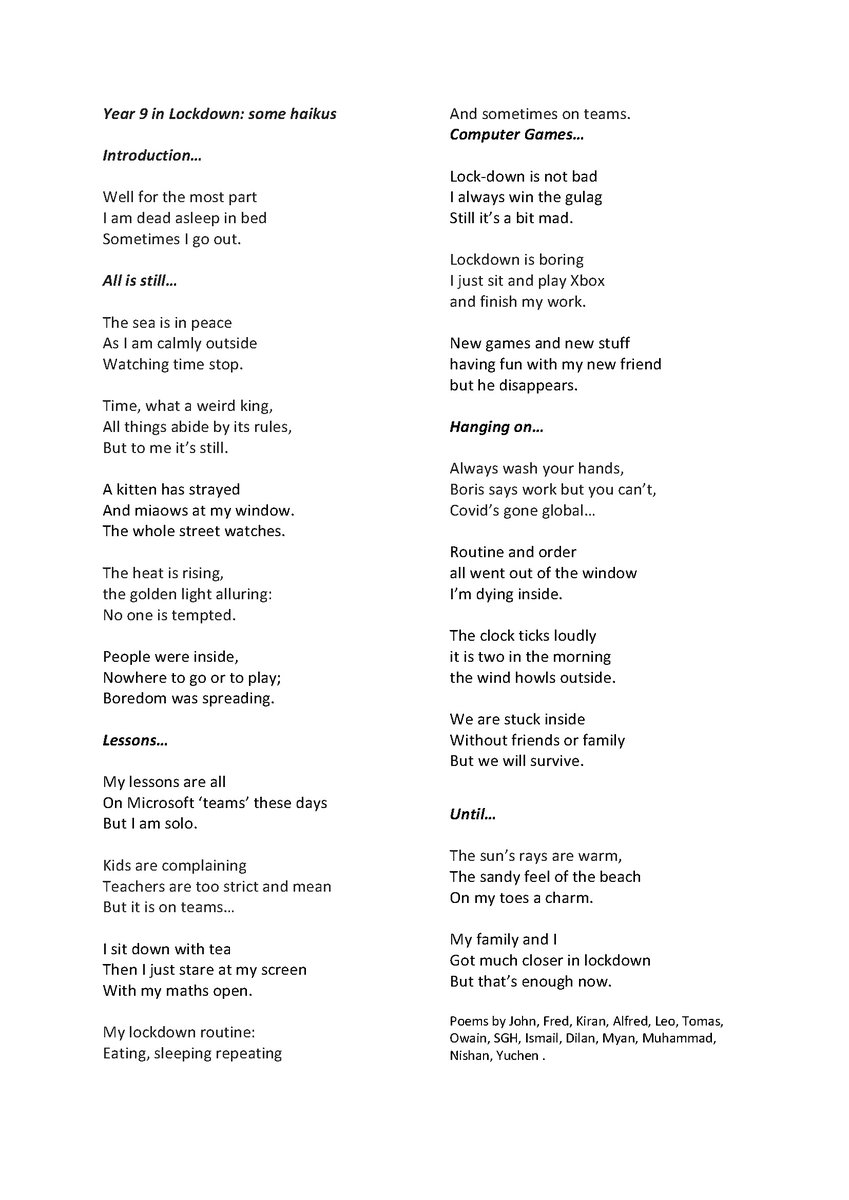 LRGSLancaster's tweet photo. Year 9 in Lockdown: some haikus for you to enjoy...
#LRGSTogether @LRGSEnglish https://t.co/ljuJzPthB4