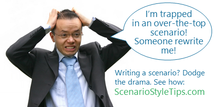 action_mapping's tweet image. Exaggerated drama in a scenario tells learners, "We think you're dense, so we're clubbing you over the head." Stay realistic with these free tips. blog.cathy-moore.com/training-desig…