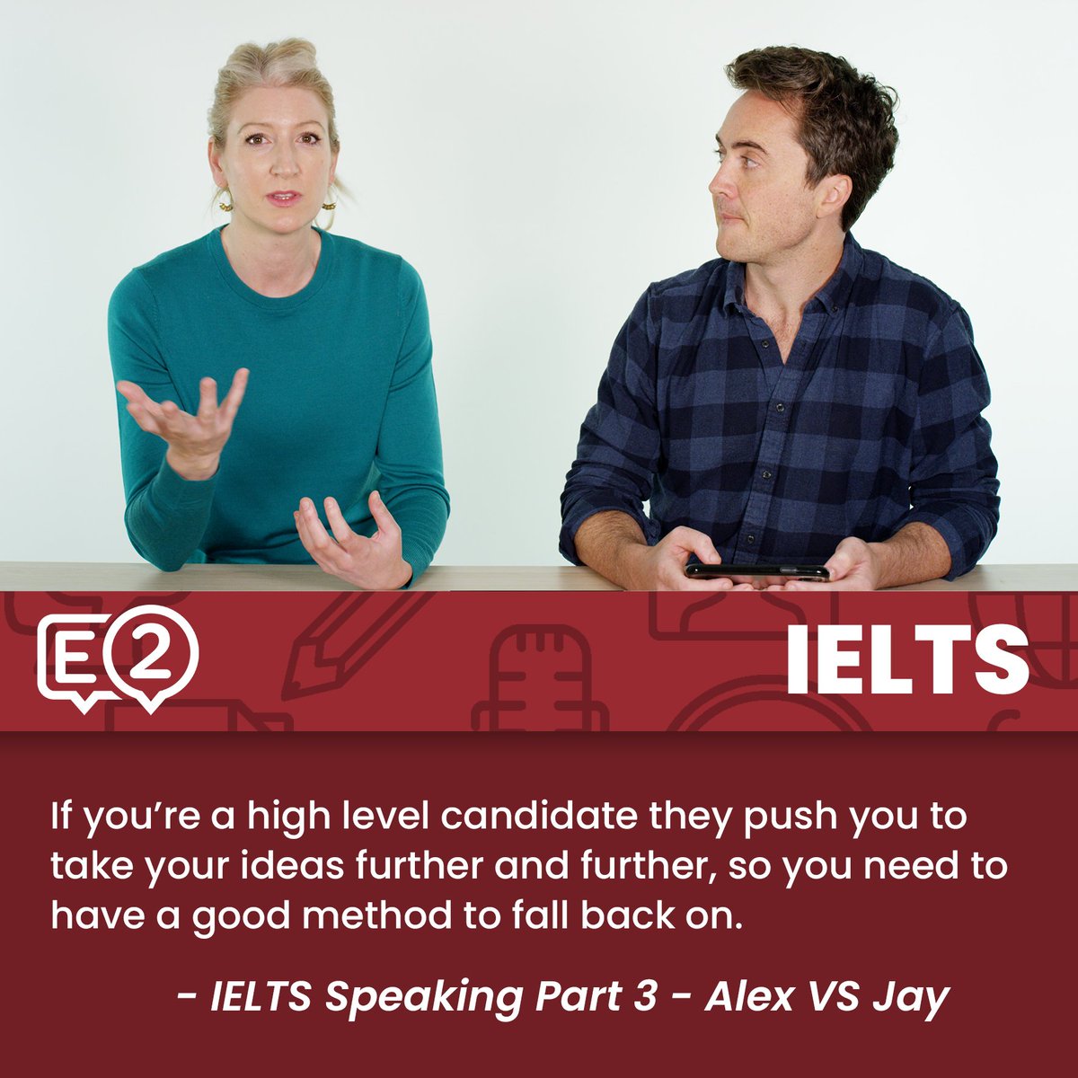 e2language's tweet photo. Time for #TIPTUESDAY 🤓 #E2Experts Alex & Jay discuss how to ace the IELTS Speaking Part 3 in the video: https://t.co/OXu1FbKkEv
They go head-to-head in the final round of IELTS Speaking, Part 3. Who will be named E2 IELTS Speaking champion? You decide!! https://t.co/1HN6H618eR