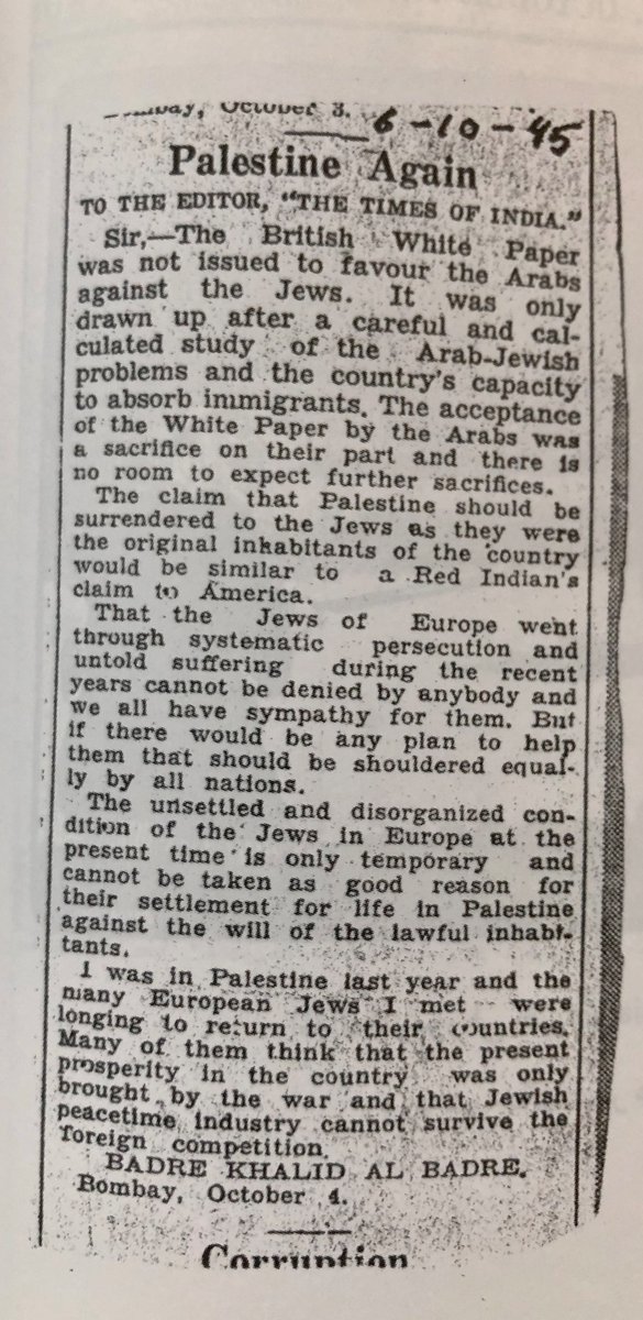FaisalAlwazzan's tweet photo. في سنة ١٩٤٥م كتب المرحوم بدر خالد البدر القناعي في صحيفة Times of India مقالا بالإنجليزية مدافعا عن القضية الفلسطينية. https://t.co/OOTd4cIBbY