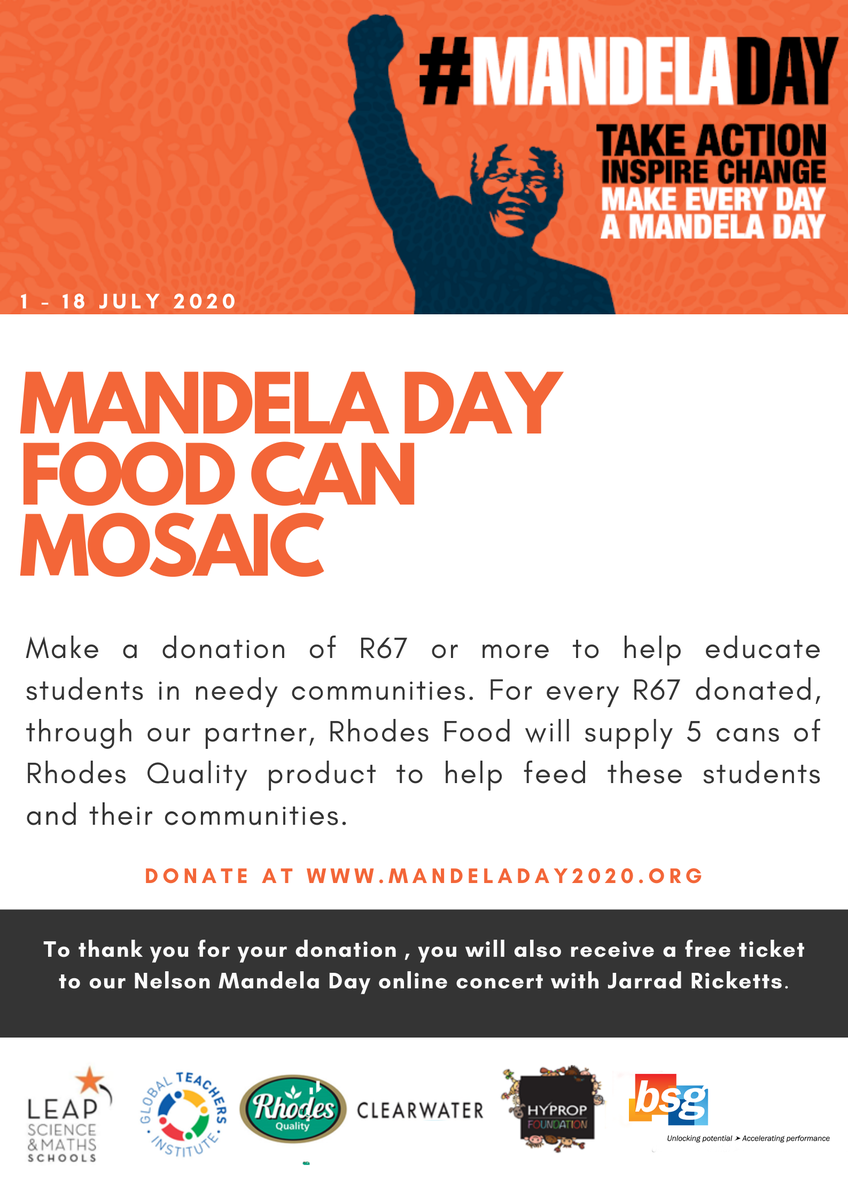 Have you added your can to the virtual mosaic? If not visit mandeladay2020.org to donate and you will not only be helping <a href="/leapschools/">LEAP School</a> raise funds to feed the vulnerable but you will also receive a complimentary ticket to the Mandela Day Virtual Concert. #MandelaDay