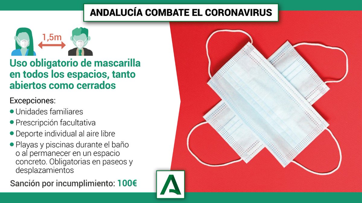 A partir de esta medianoche será obligatorio el uso de mascarilla en todos los espacios de #Andalucía, tanto abiertos como cerrados. 

ℹ Excepciones 👇