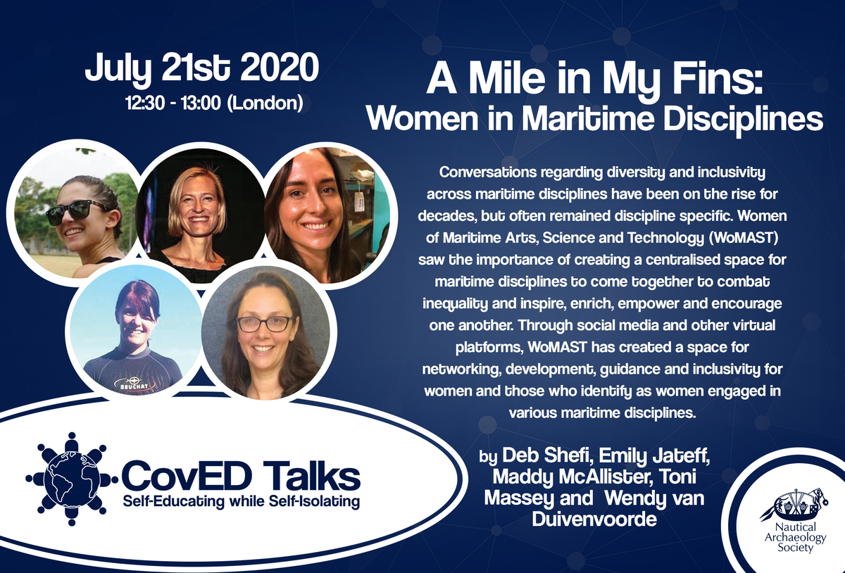 Next weeks #CovEDTalk with @NautArchSoc is 'A Mile in My Fins: Women in Maritime Disciplines' will be given by Deb Shefi, Maddy McAllister, Toni Massey, Wendy van Duivenvoorde and Emily Jateff, from #WoMAST (Women of Maritime Arts, Science and Technology)