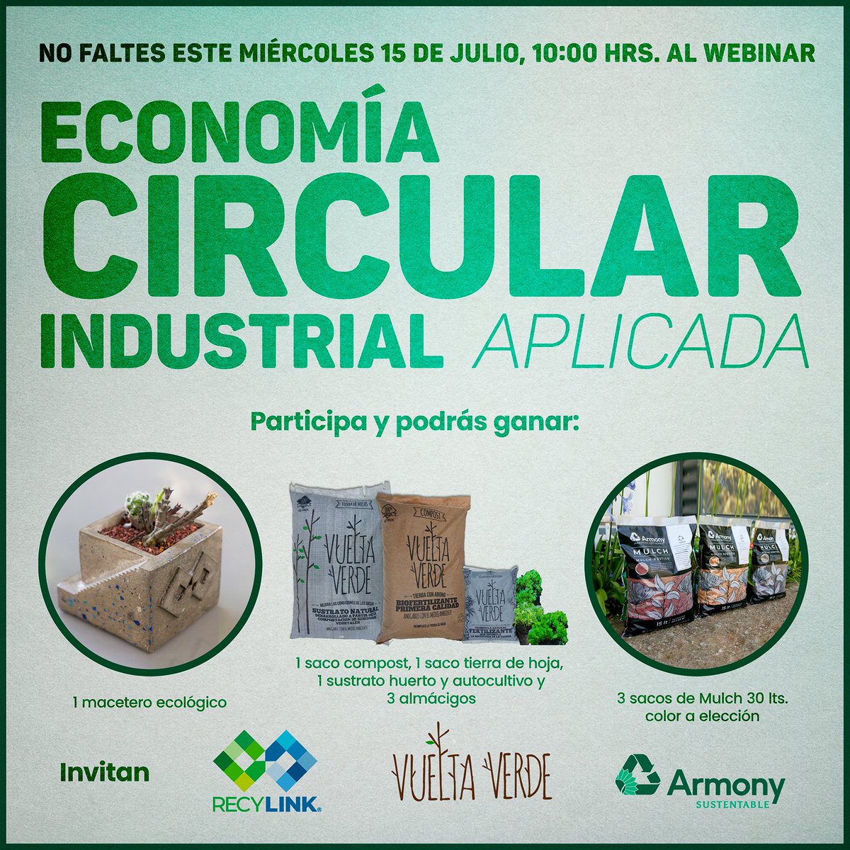 Mañana miércoles 15/07 es nuestro Webinar colaborativo sobre #EconomíaCircular Industrial Aplicada, en conjunto con nuestros amigos de Armony Sustentable y Vuelta Verde. 

Tendremos regalos sustentables a sortear entre los participantes.

Inscríbete acá: bit.ly/webinar15-07