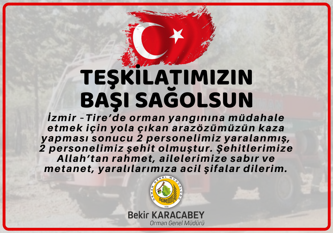 BekirKARACABEY_'s tweet photo. #İzmir Tire’de orman yangınına müdahale etmek için yola çıkan arazözümüzün kaza yapması sonucu 2 personelimiz yaralanmış, 2 personelimiz şehit olmuştur. Şehitlerimize Allah’tan rahmet, ailelerimize sabır ve metanet, yaralılarımıza acil şifalar dilerim. https://t.co/SkeAX6ADO4