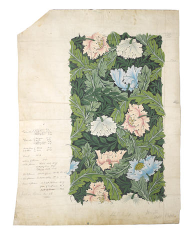PreRaphSoc's tweet photo. 'Poppy' or 'Wreath' a wallpaper design with poppies & acanthus flowers, c.1880 (private collection) for this week's #TopsyTuesday. Gouache on paper over pencil and crayon, inscribed with colour instructions in the artist's hand. https://t.co/fJLffgvbUp