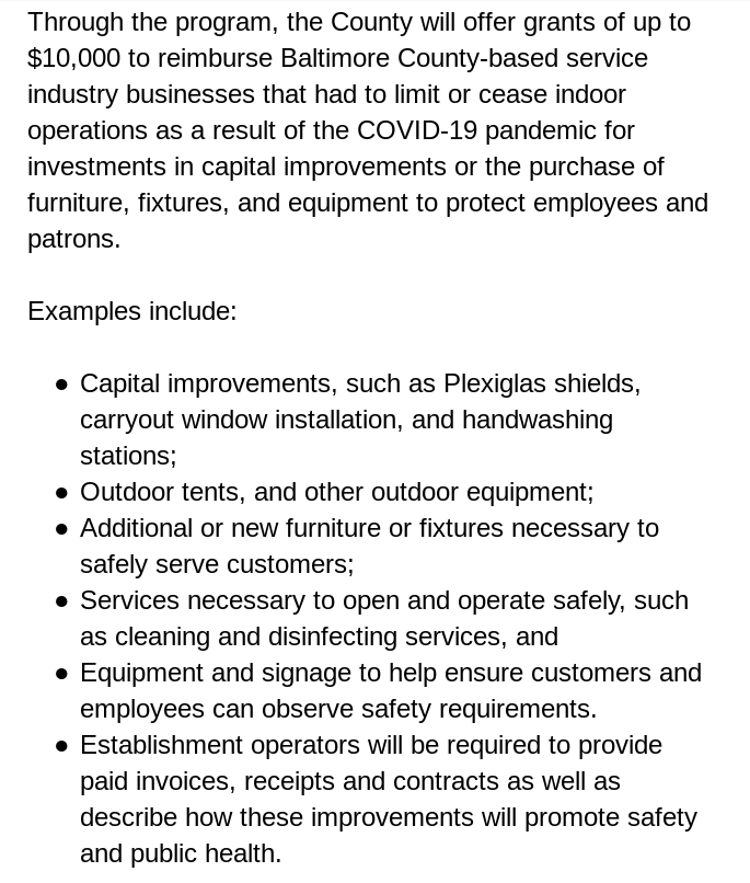 Today, we are announcing the Small Business COVID-19 Reimbursement Grant Program, a $3 million grant fund to reimburse service industry businesses for investments in critical improvements to help prevent the spread of COVID-19 and protect the health of employees and patrons.