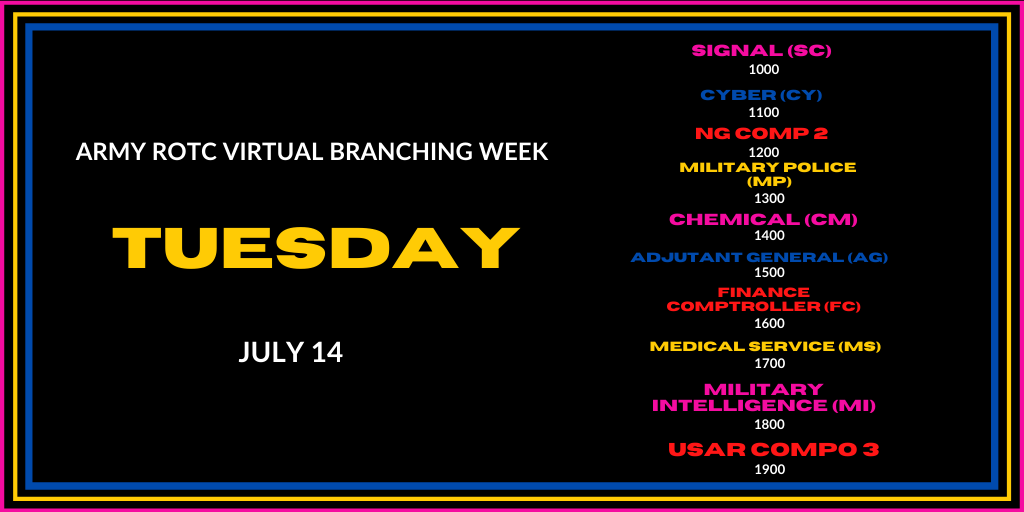 Army Rotc We Are 30 Minutes Away From The Day Two Start Of Armyrotc Virtual Branching Week Check Out Today S Lineup Of Events Below And Join The Sessions You Re Interested