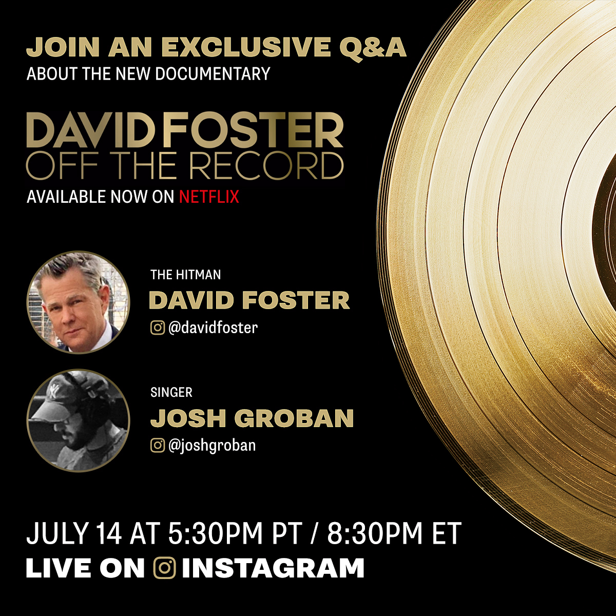 Have questions? Tune in today at 5:30pm PT / 8:30 pm ET for a special conversation with Josh Groban about the new documentary - David Foster: Off The Record, now available on Netflix. #davidfosterofftherecord #netflixdocumentary #netflixmovie