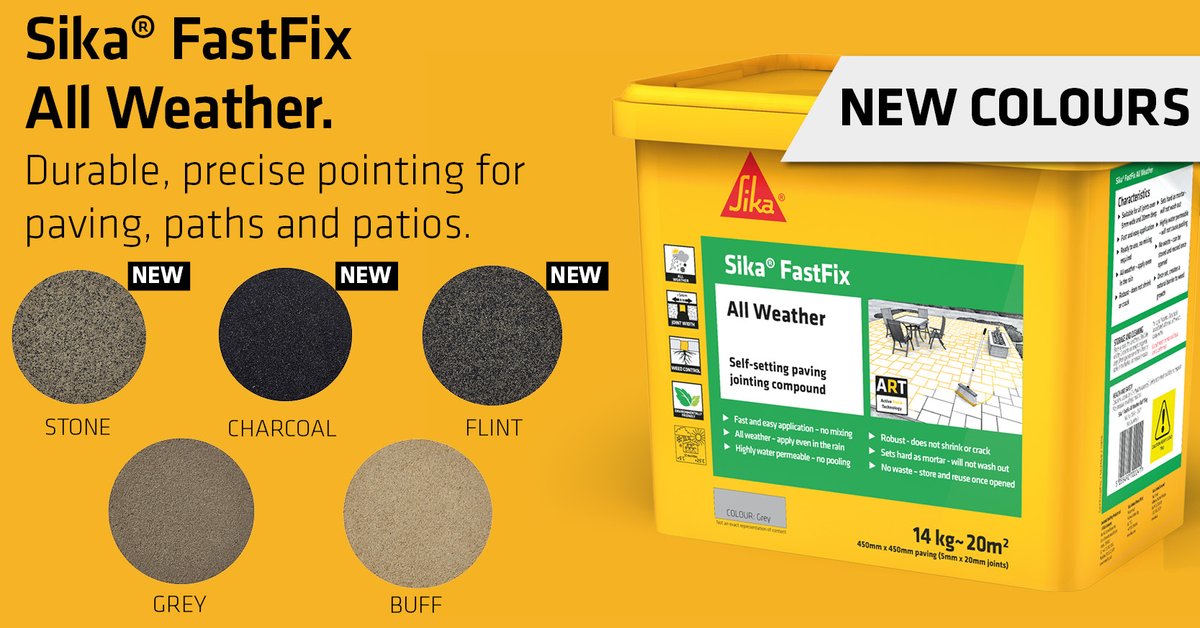SikaIreland's tweet photo. Sika FastFix All Weather is the ultimate, self-setting paving jointing compound with Advanced Resin Technology for advanced durability on #paving, #paths and #patios. 

Follow the link to discover the NEW range of colours https://t.co/DfYGpNtosq https://t.co/xHOzUmdfKh