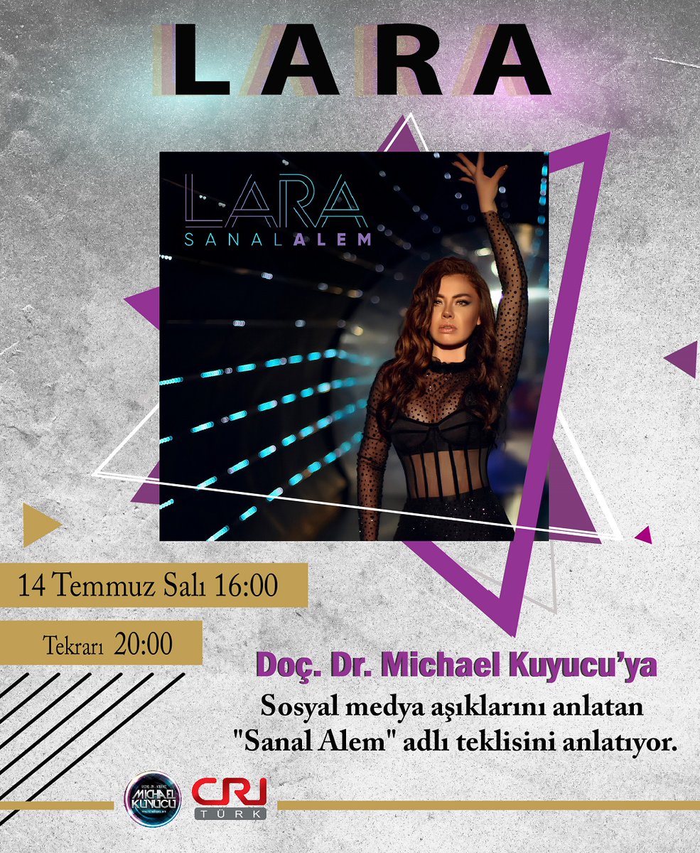 Bugün Cri Türk’te, LARA, sosyal medya aşıklarını anlatan "SanalAlem" adlı yeni şarkısını ve daha fazlasını, Michael Kuyucu’ya anlatacak.
<a href="/larareall/">LARA</a> <a href="/michaelkuyucu/">Michael Kuyucu</a> <a href="/turgaysaka/">Turgaysakaofficial 🎶</a> 

İstanbul: 89.4 Ankara: 91.6 İzmir: 103.7
criturk.fm