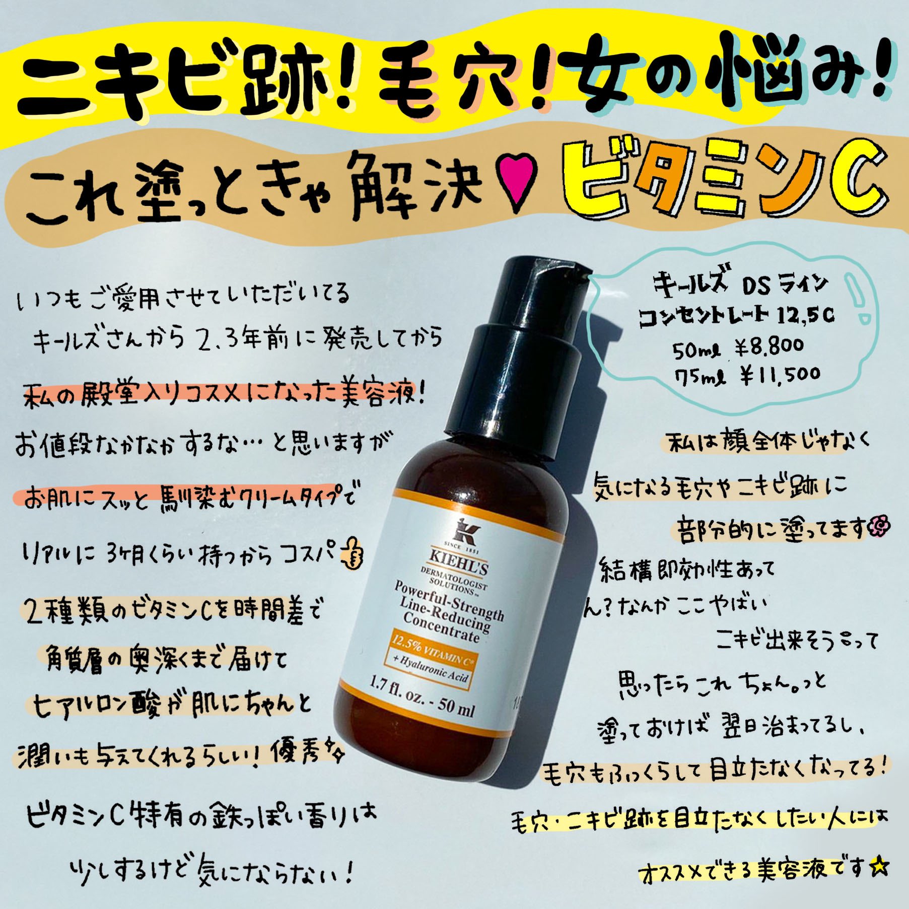 美容マニア My Libra マイリラ キールズ の長年愛用の ビタミンc 美容液 長時間ビタミンcがとどまってくれるようになってて ニキビ出来そう ってところに点置きすると翌朝治まってる 2 3年常備していて効果実感してる 毛穴 ニキビ ニキビ跡に
