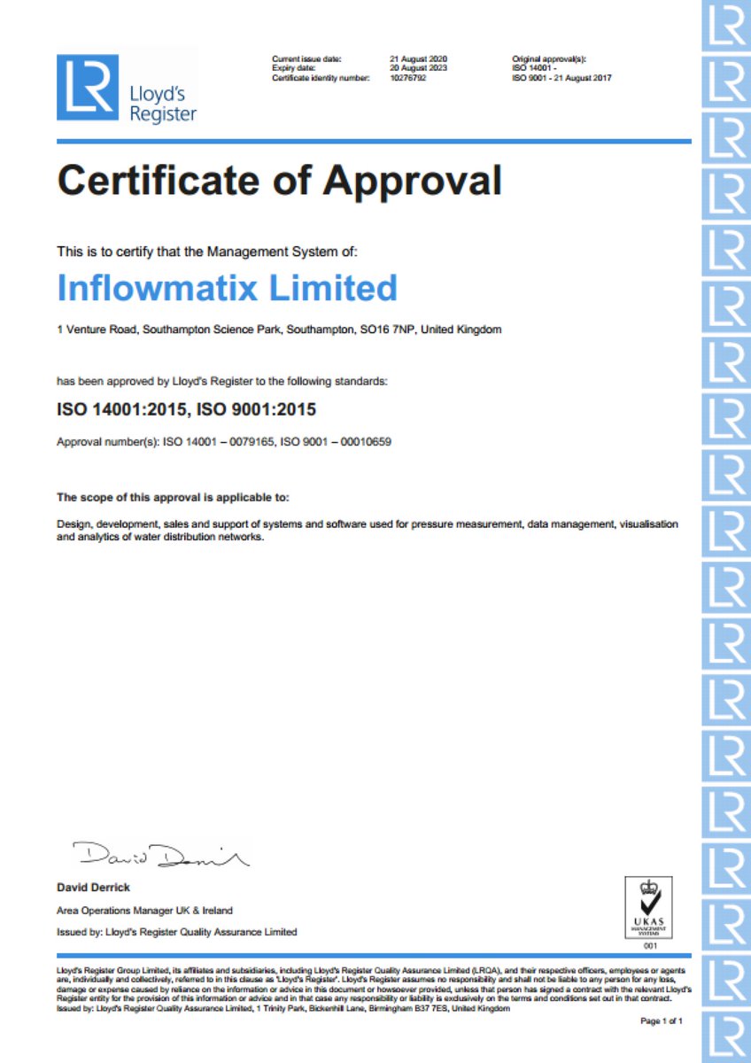 It's a great pleasure to post the outcome of our recent ISO9001:2015 and ISO14001:2015 re-certification - we had no nonconformities. It was noted that Inflowmatix had already established a strong commitment to remote working given the geographical diversity of their workforce.