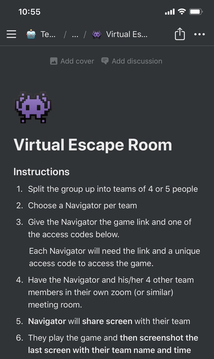 We use  @NotionHQ for as many things as we can to organize at  @AragonOneTeam. Here are the simple & clean instruction for the  @theoffsiteco’s Virtual Escape Room game: