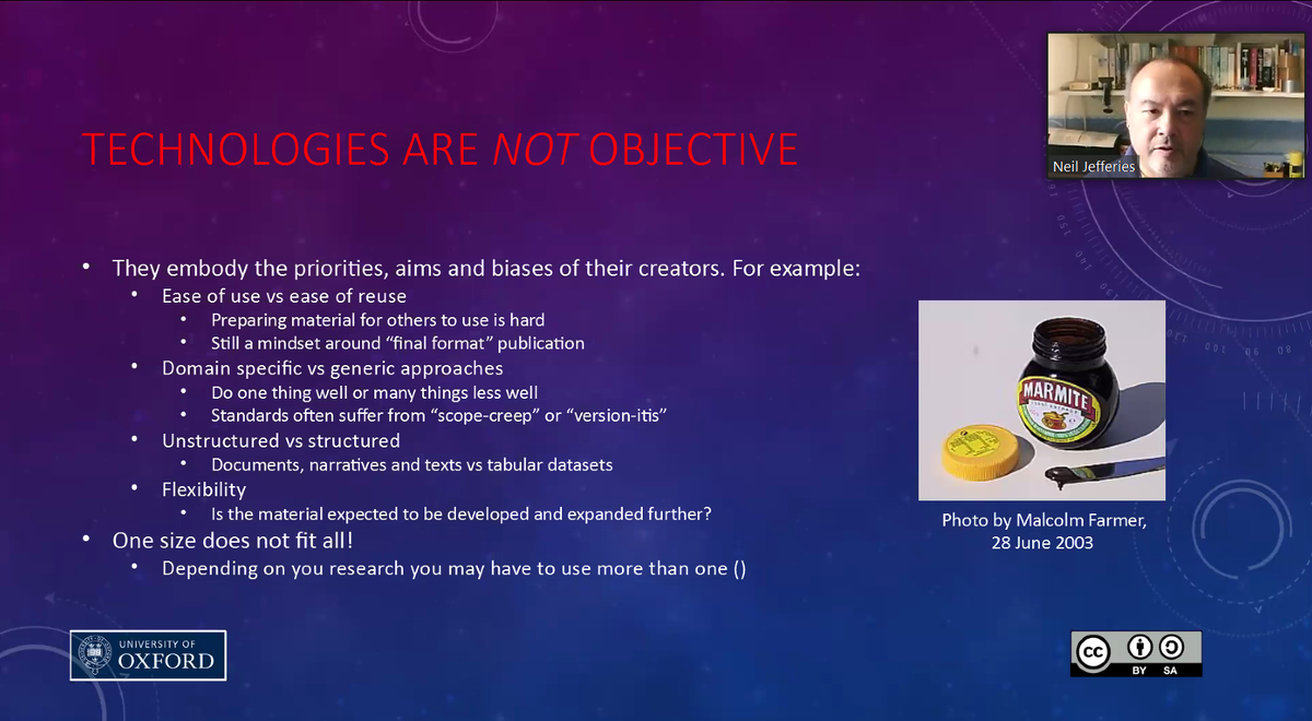 Technologies are not objective! Neil Jeffries of <a href="/bodleianlibs/">Bodleian Libraries</a> taking us through a "critical review" of data approaches to take in humanities projects, at the #DHOx2020 summer school.
