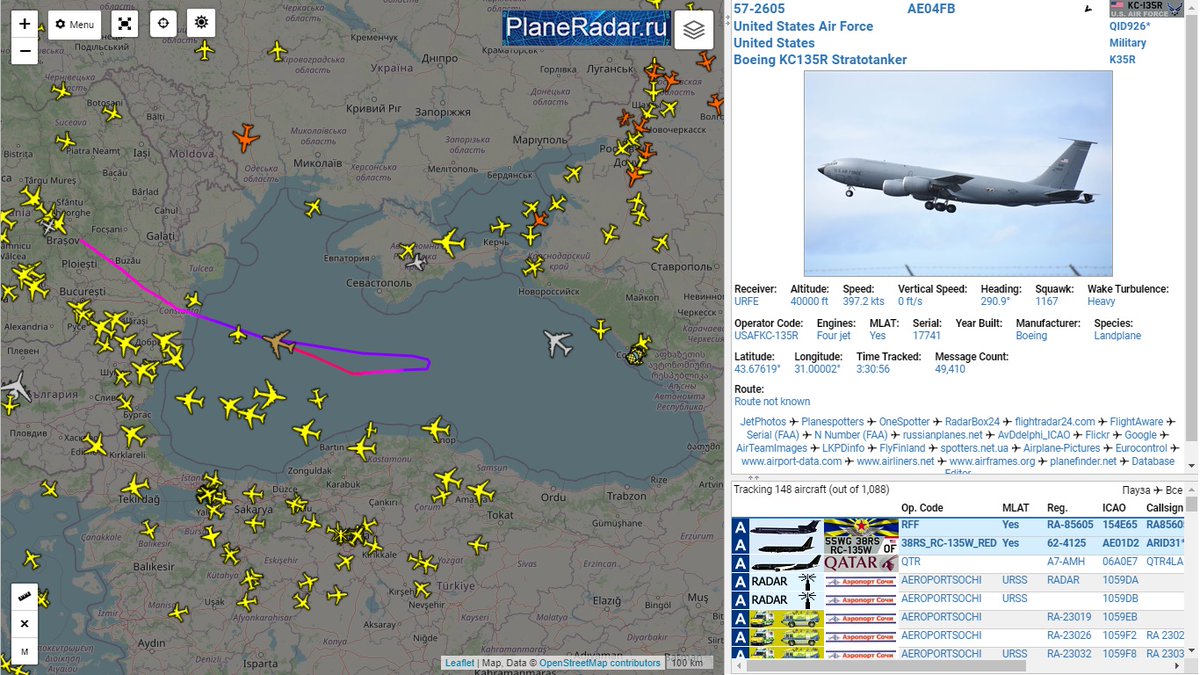 stedur93's tweet photo. KC-135R QID926/57-2605 leaving Black Sea, maybe after refueling RC-135W ARID31/62-4125 on patrol, while E-3A AWACS NATO07/LX-N90454 flying from Aktion(Greece) to Romania for surveillance orbit and Russian Tu-154B-2 RA-85605 landing in Crimea.(via #RadarBox24/#planeradar) #avgeek https://t.co/FQIoTTtvI1