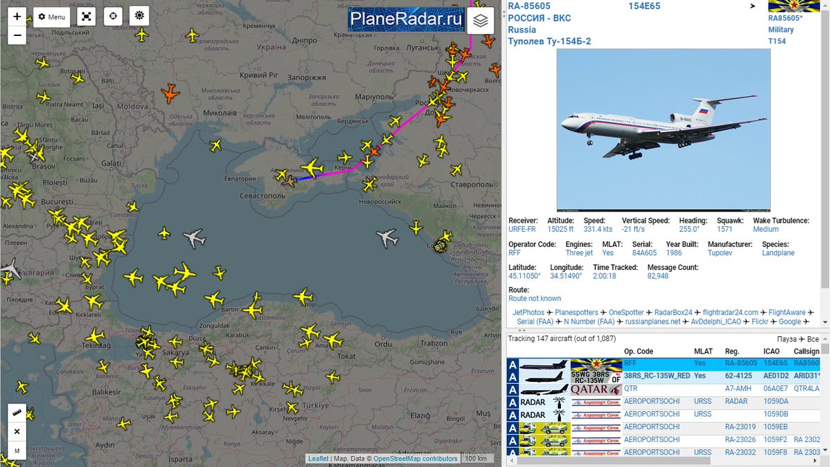 stedur93's tweet photo. KC-135R QID926/57-2605 leaving Black Sea, maybe after refueling RC-135W ARID31/62-4125 on patrol, while E-3A AWACS NATO07/LX-N90454 flying from Aktion(Greece) to Romania for surveillance orbit and Russian Tu-154B-2 RA-85605 landing in Crimea.(via #RadarBox24/#planeradar) #avgeek https://t.co/FQIoTTtvI1