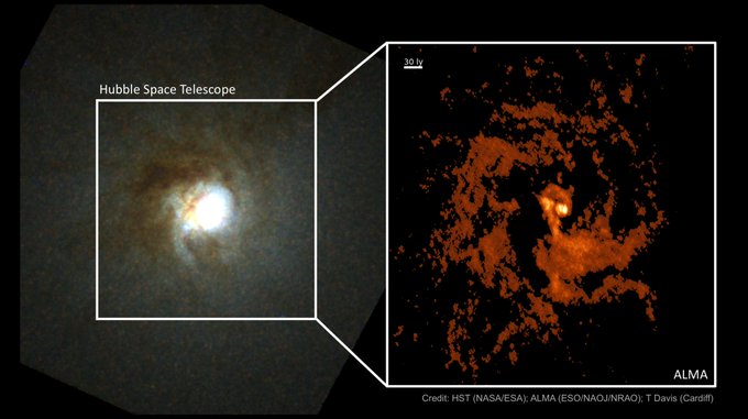 On the left is shown a colour composite Hubble Space Telescope image of the centre of the galaxy `Mirachs Ghost’. On the right is shown the new ALMA image of this same region, revealing the distribution of the cold, dense gas that swirls around the central black hole in exquisite detail.