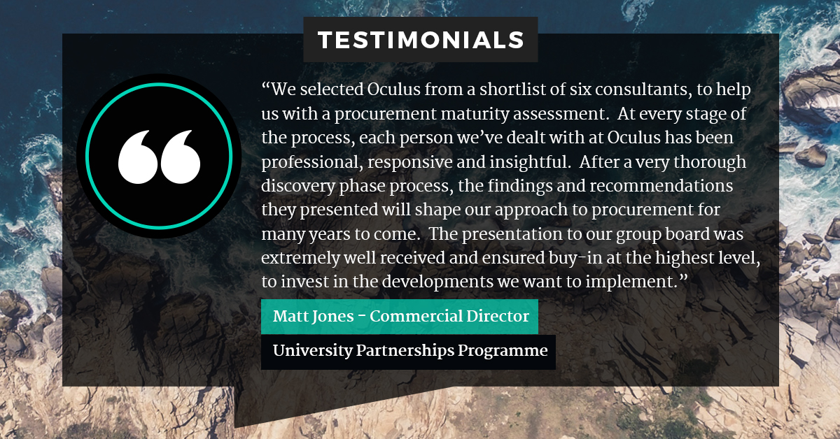 OculusProcure's tweet photo. Oculus Procurement was recently selected by University Partnerships Programme to run an in-depth assessment of their companywide procurement.

Having presented our findings, UPP have now re-engaged Oculus to implement the recommended strategy and initiatives. https://t.co/O4KbmIaigH